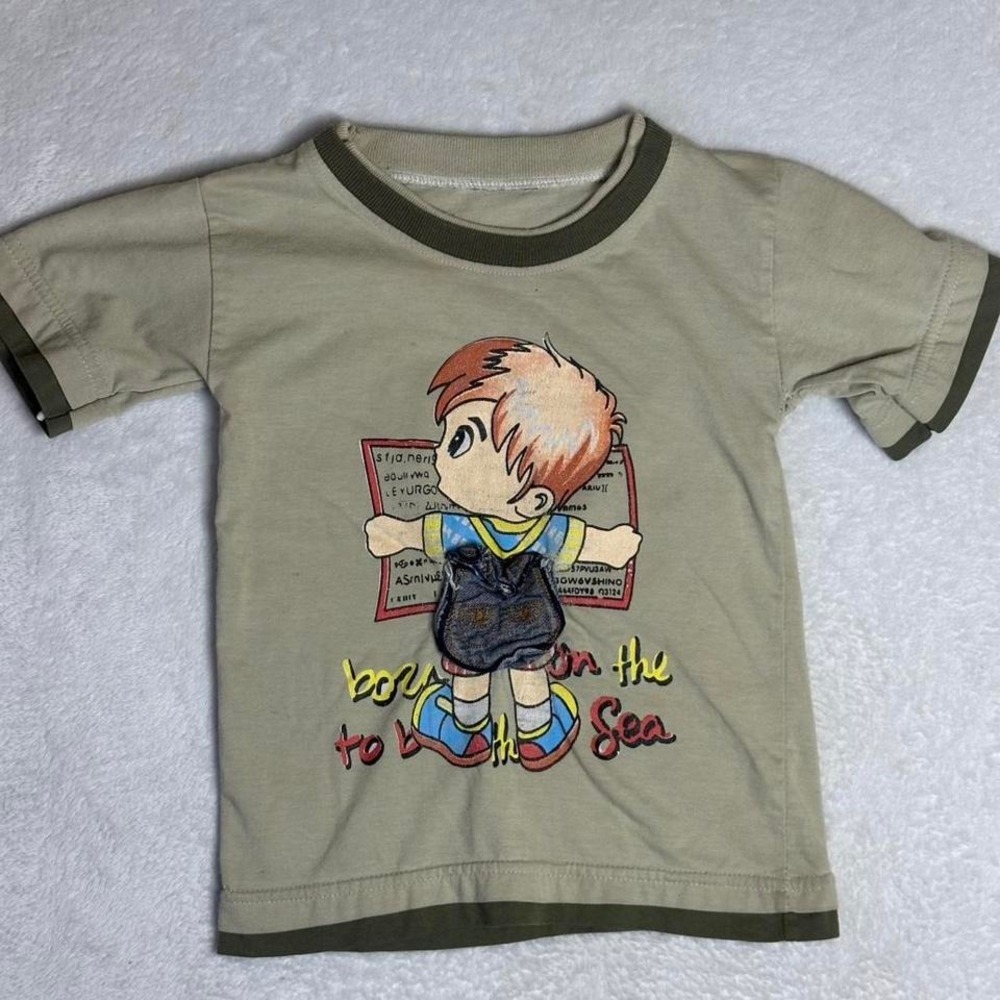 VTG Kids Ringer T-Shirt Size 4 Tan Green Born To Be On The Sea Nautical Retro